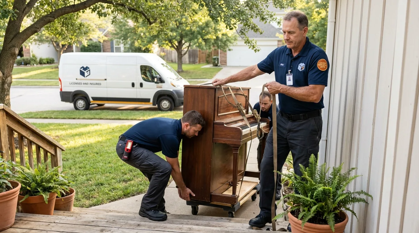 Licensed piano movers securing grand piano in Hayti, MO
